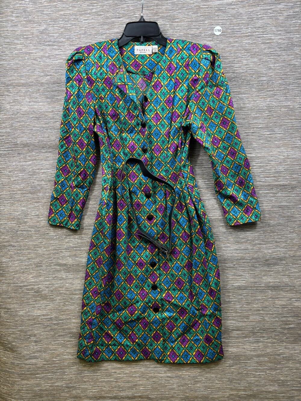 Vintage 90s' Papell Silky Harlequin Print Dress Womens Size 6P Green Multicolor